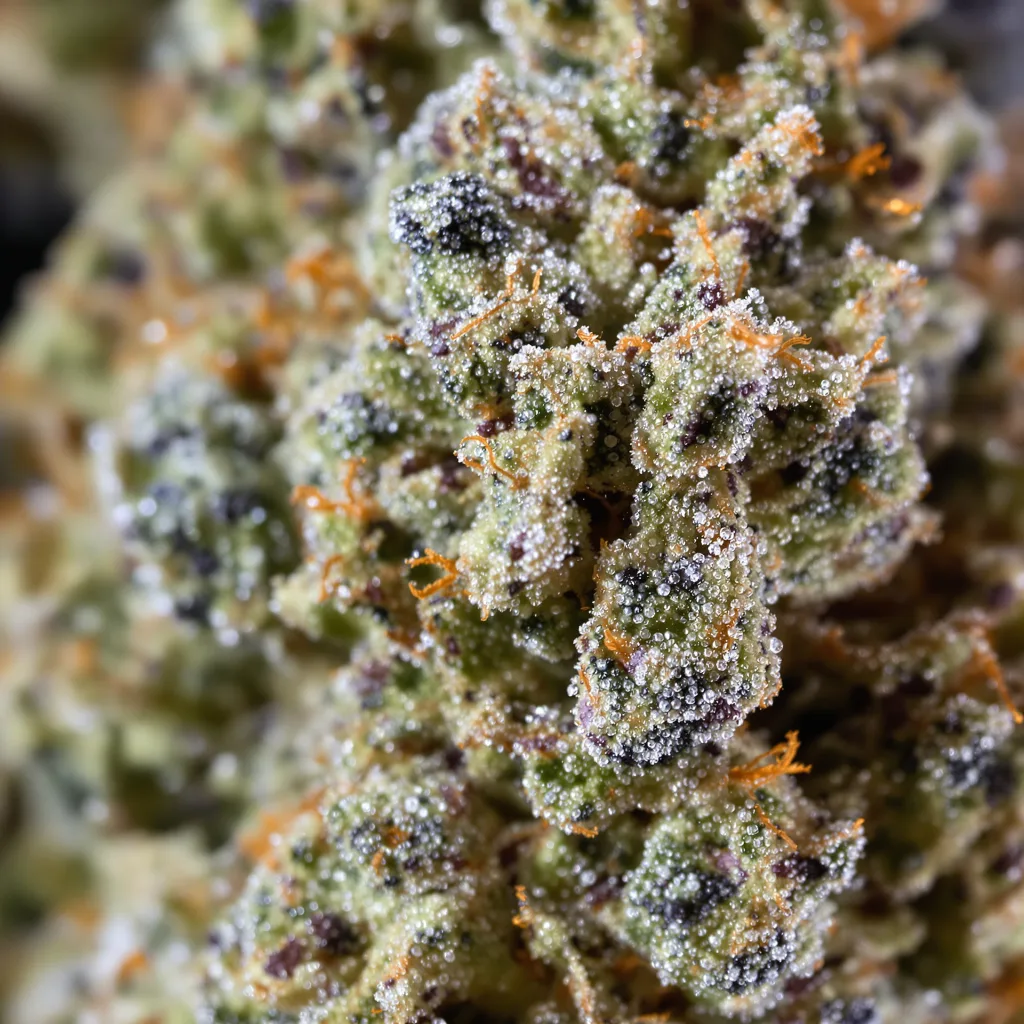 Primer plano de cogollo de cannabis Nuclear Cookies mostrando estructura equilibrada con tricomas escarchados