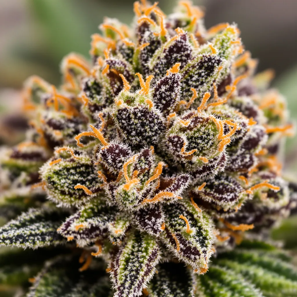 Primer plano de cogollo de cannabis Nuken mostrando cálices densos con tonos morados