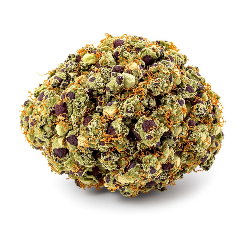 Nuken 70% indica / 20% sativa — flor con tricomas visibles