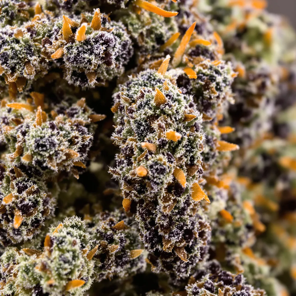 Primer plano de cogollo de cannabis Nutter mostrando cálices densos con tonos morados