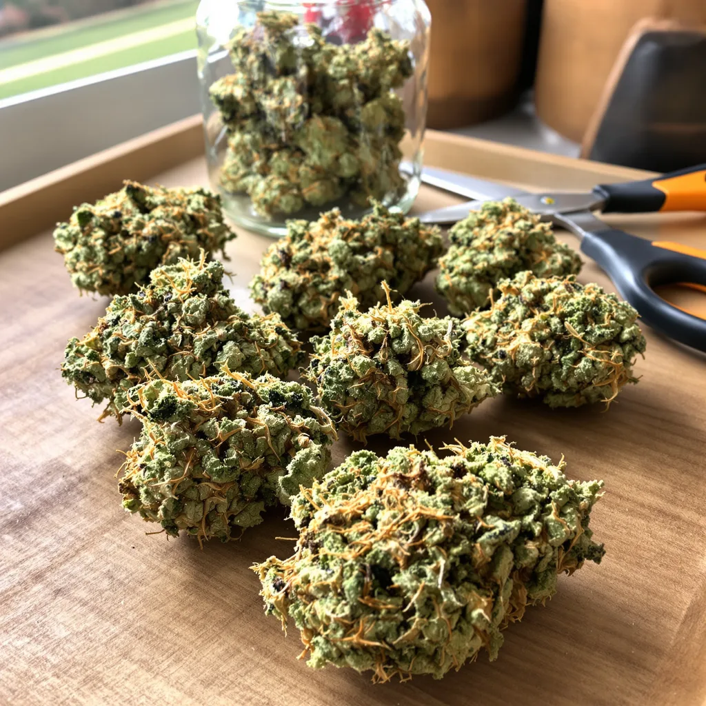 NY-47 23% indica / 77% sativa — flor con tricomas visibles