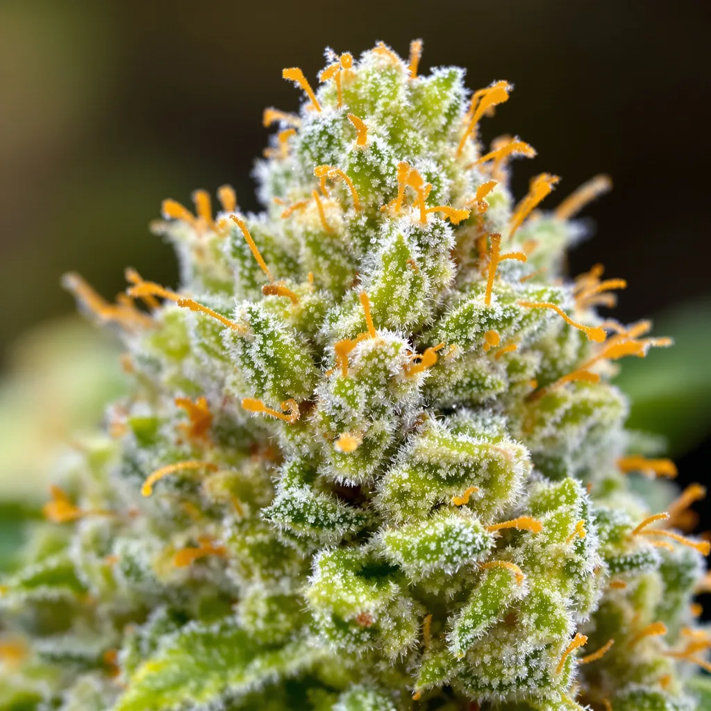 Primer plano de cogollo de cannabis NY-47 mostrando estructura aireada verde lima