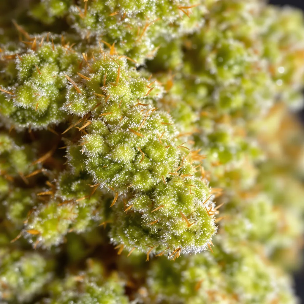 Primer plano de cogollo de cannabis NYC Sour Diesel mostrando estructura aireada verde lima