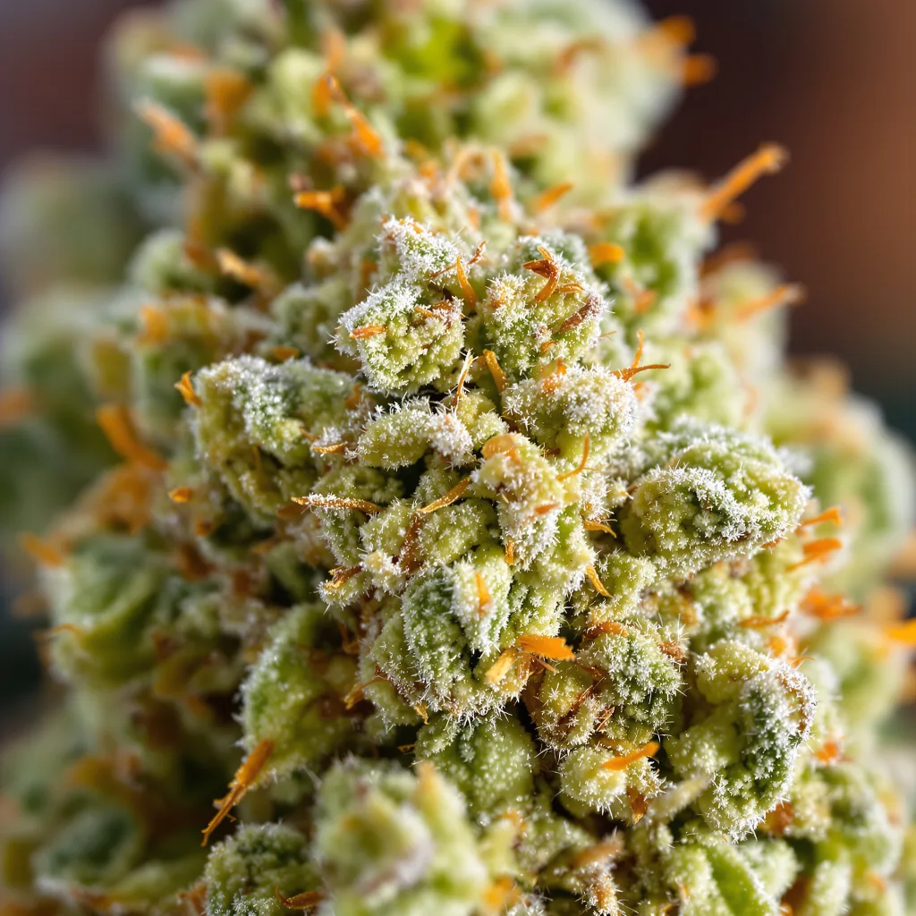 Primer plano de cogollo de cannabis NYC Sour Diesel mostrando estructura aireada verde lima
