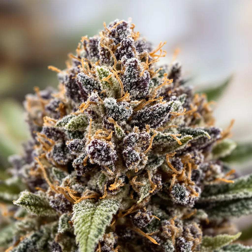 Primer plano de cogollo de cannabis Obama Kush mostrando cálices densos con tonos morados