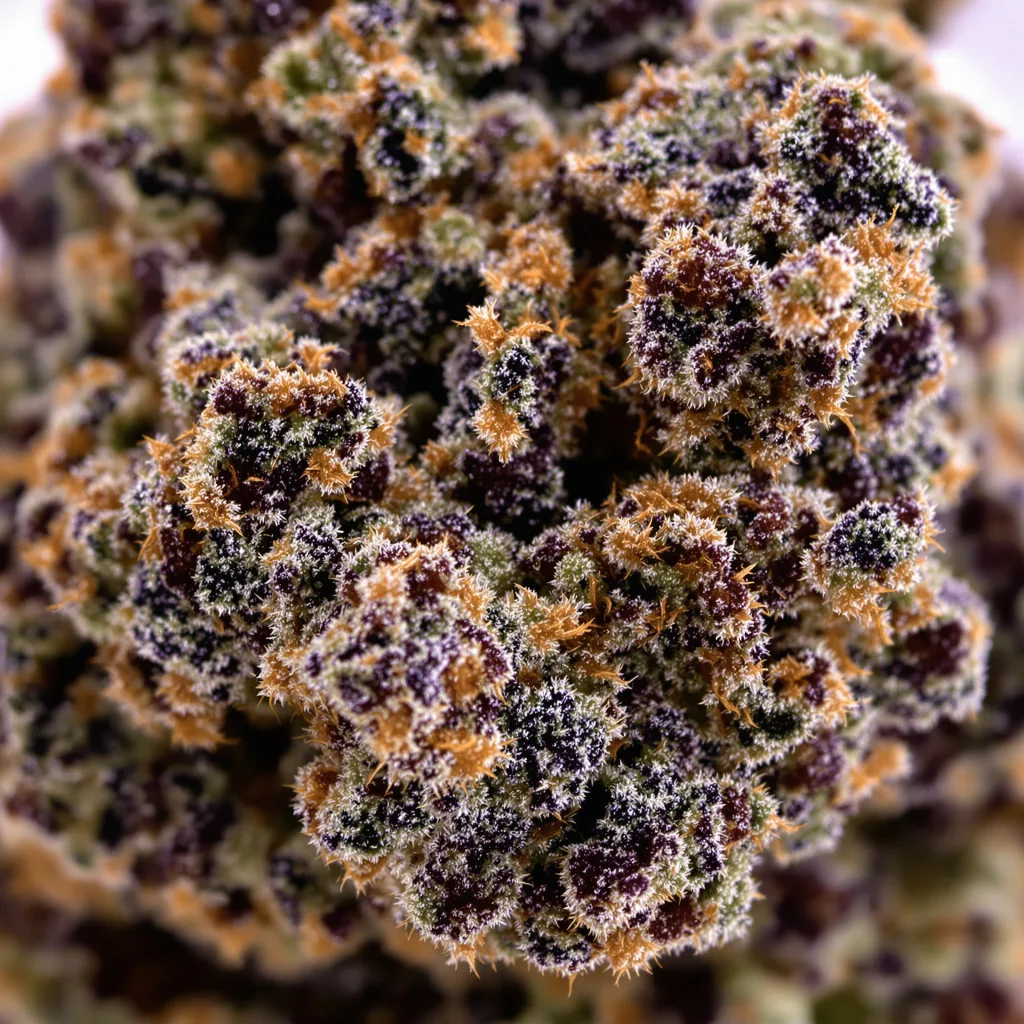Primer plano de cogollo de cannabis Obama Kush mostrando cálices densos con tonos morados