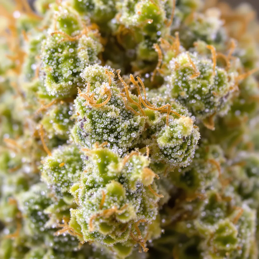 Primer plano de cogollo de cannabis OCAs Cloud 9 mostrando estructura aireada verde lima