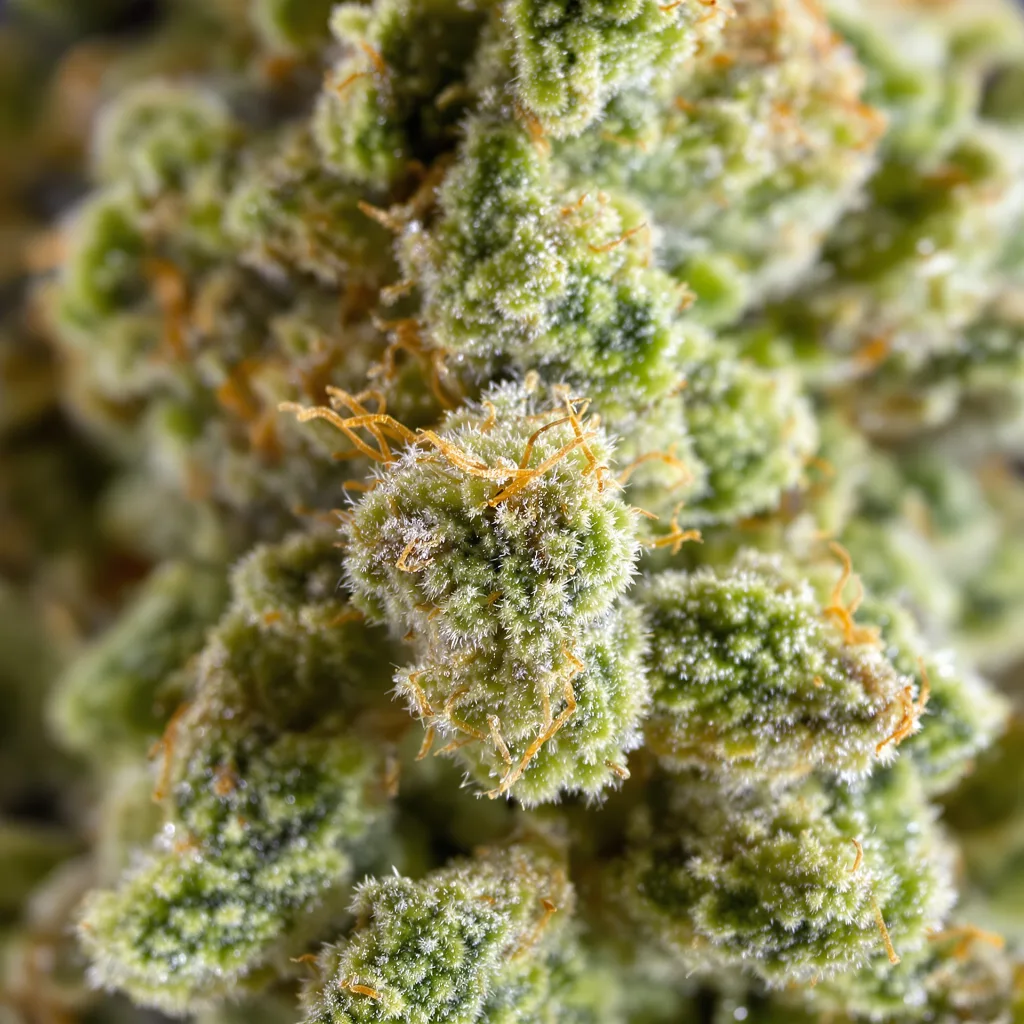 Primer plano de cogollo de cannabis OG #18 mostrando estructura aireada verde lima