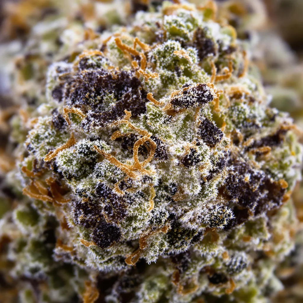 Primer plano de cogollo de cannabis OG Cheese mostrando cálices densos con tonos morados