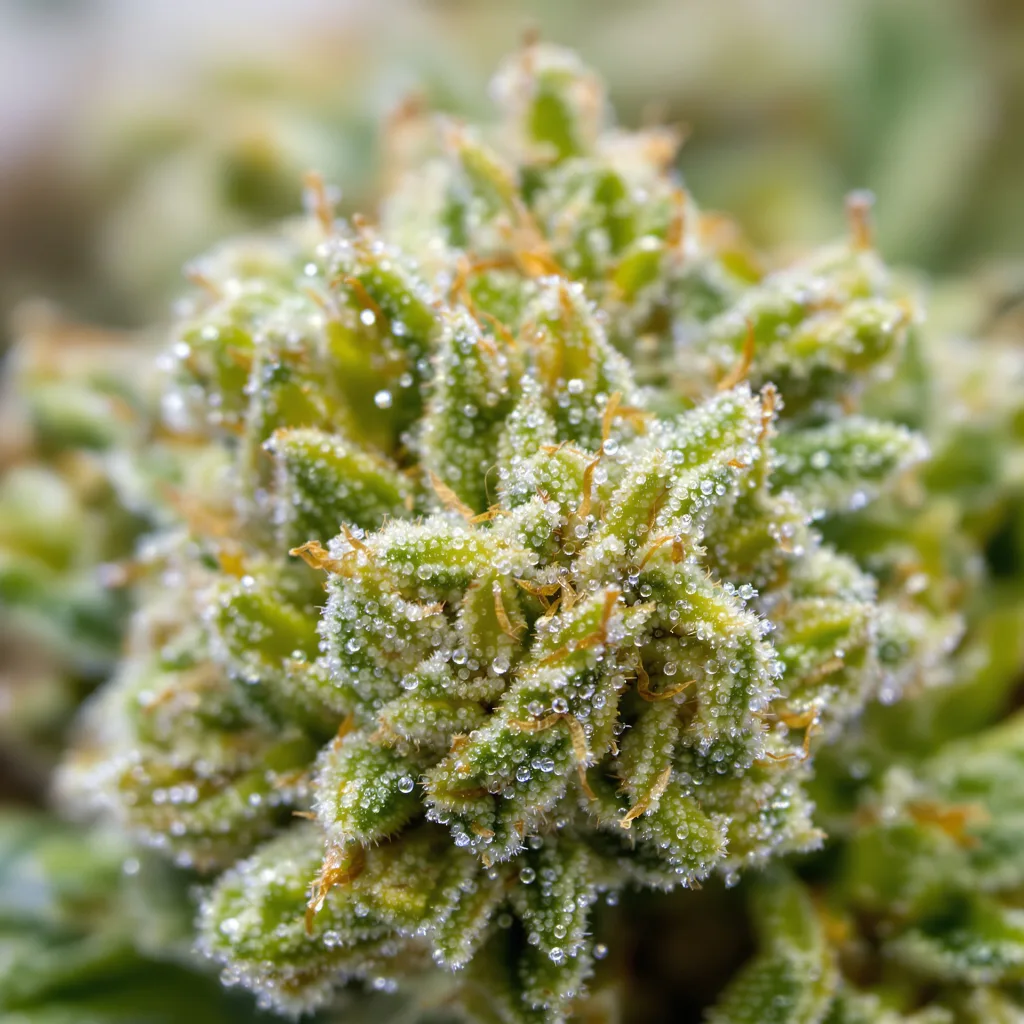 Primer plano de cogollo de cannabis OG Chem mostrando estructura aireada verde lima