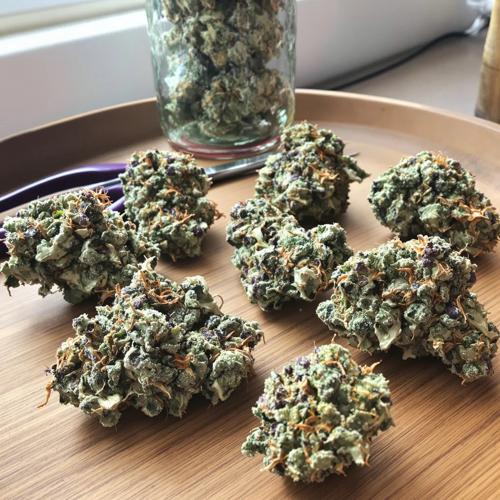 OG Diesel Kush 35% indica / 65% sativa — flor con tricomas visibles
