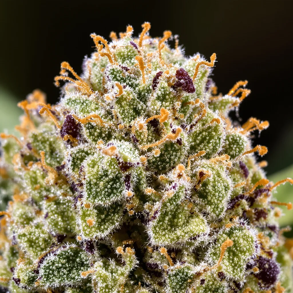 Primer plano de cogollo de cannabis OG Diesel Kush mostrando estructura abierta con pistilos naranjas