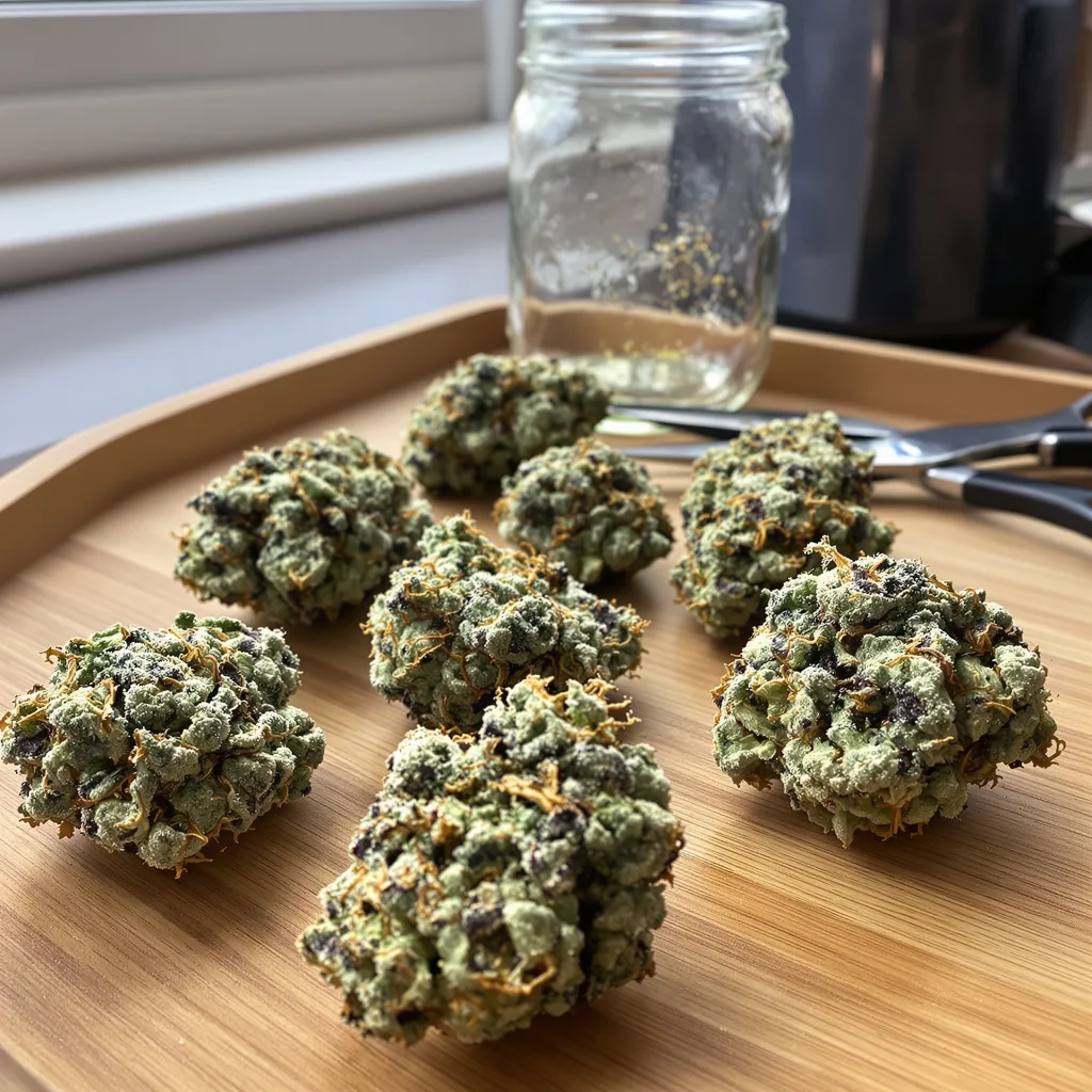 OG Diesel Kush 35% indica / 65% sativa — flor con tricomas visibles