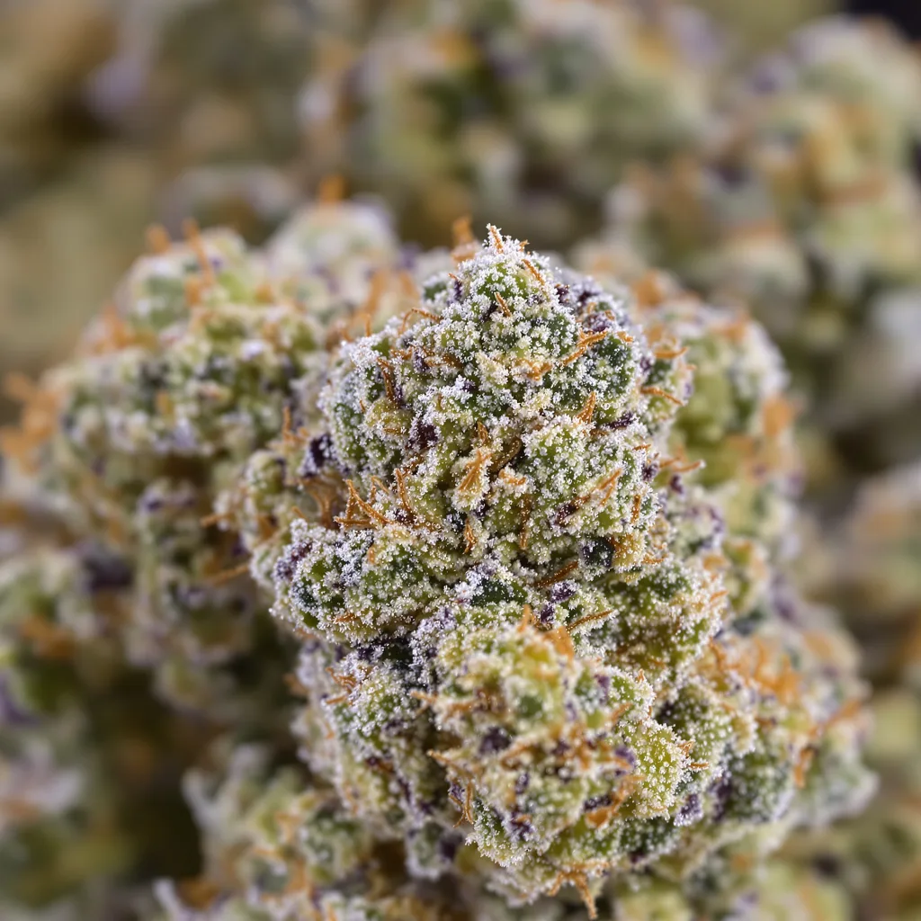 Primer plano de cogollo de cannabis OG Diesel Kush mostrando estructura abierta con pistilos naranjas