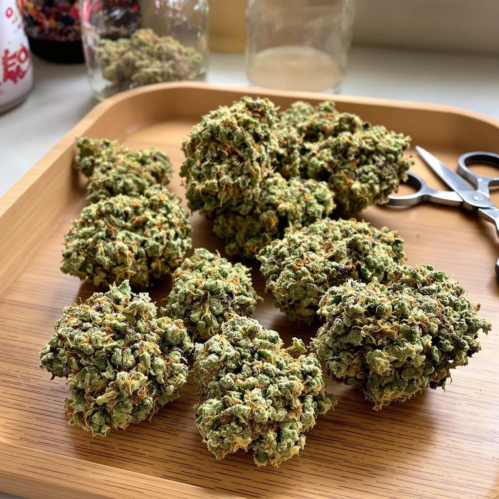 OG Kush 55% indica / 45% sativa — flor con tricomas visibles
