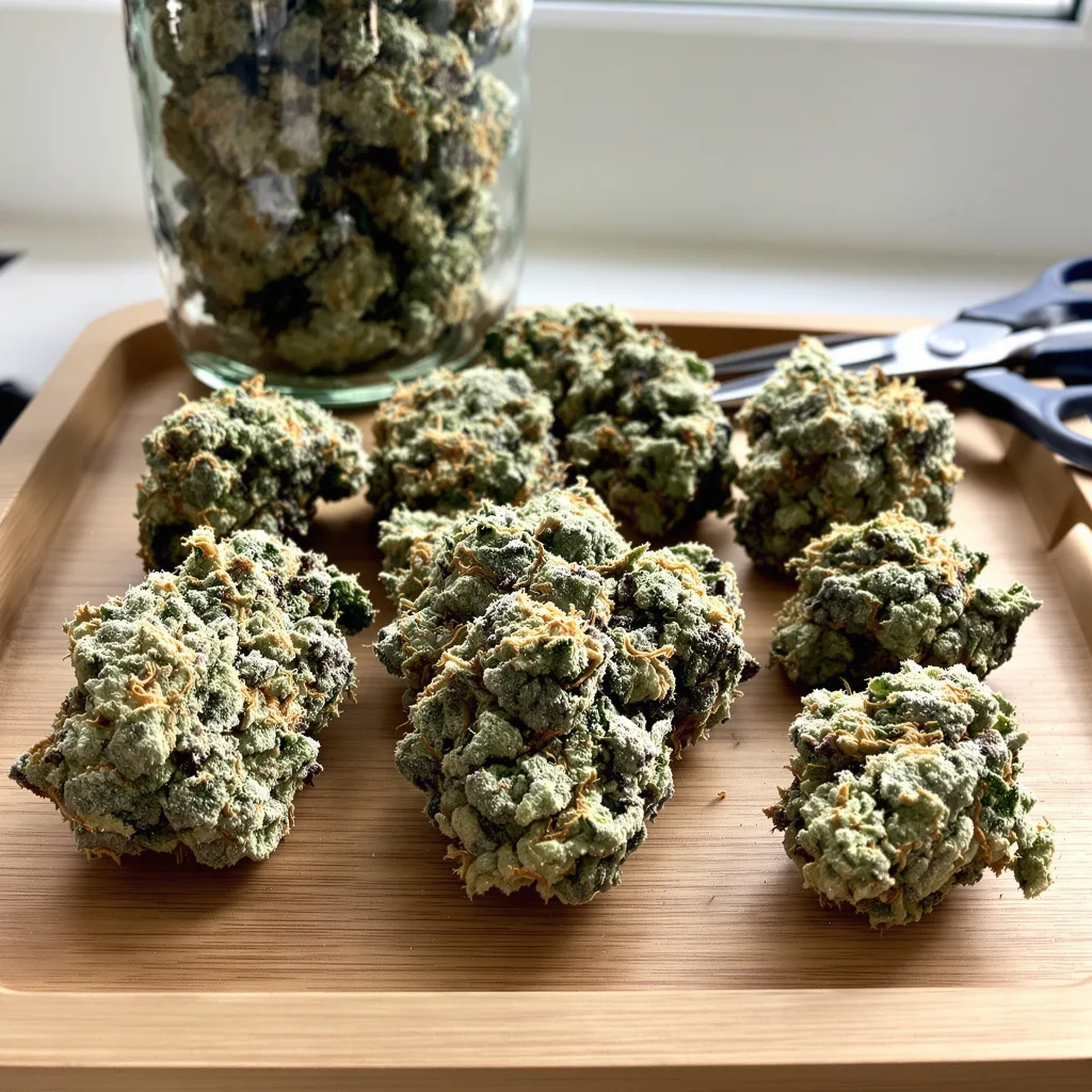 OG Kush 55% indica / 45% sativa — flor con tricomas visibles
