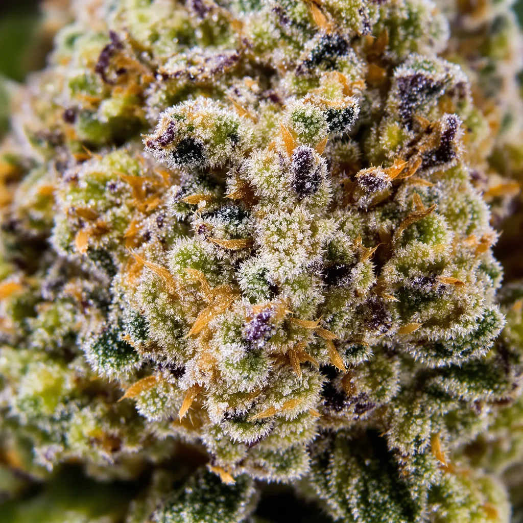 Primer plano de cogollo de cannabis OG Kush mostrando estructura equilibrada con tricomas escarchados