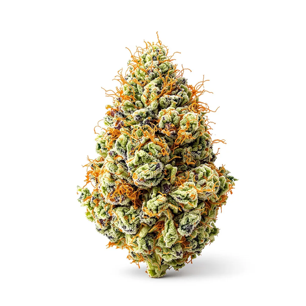 OG Kush 55% indica / 45% sativa — flor con tricomas visibles