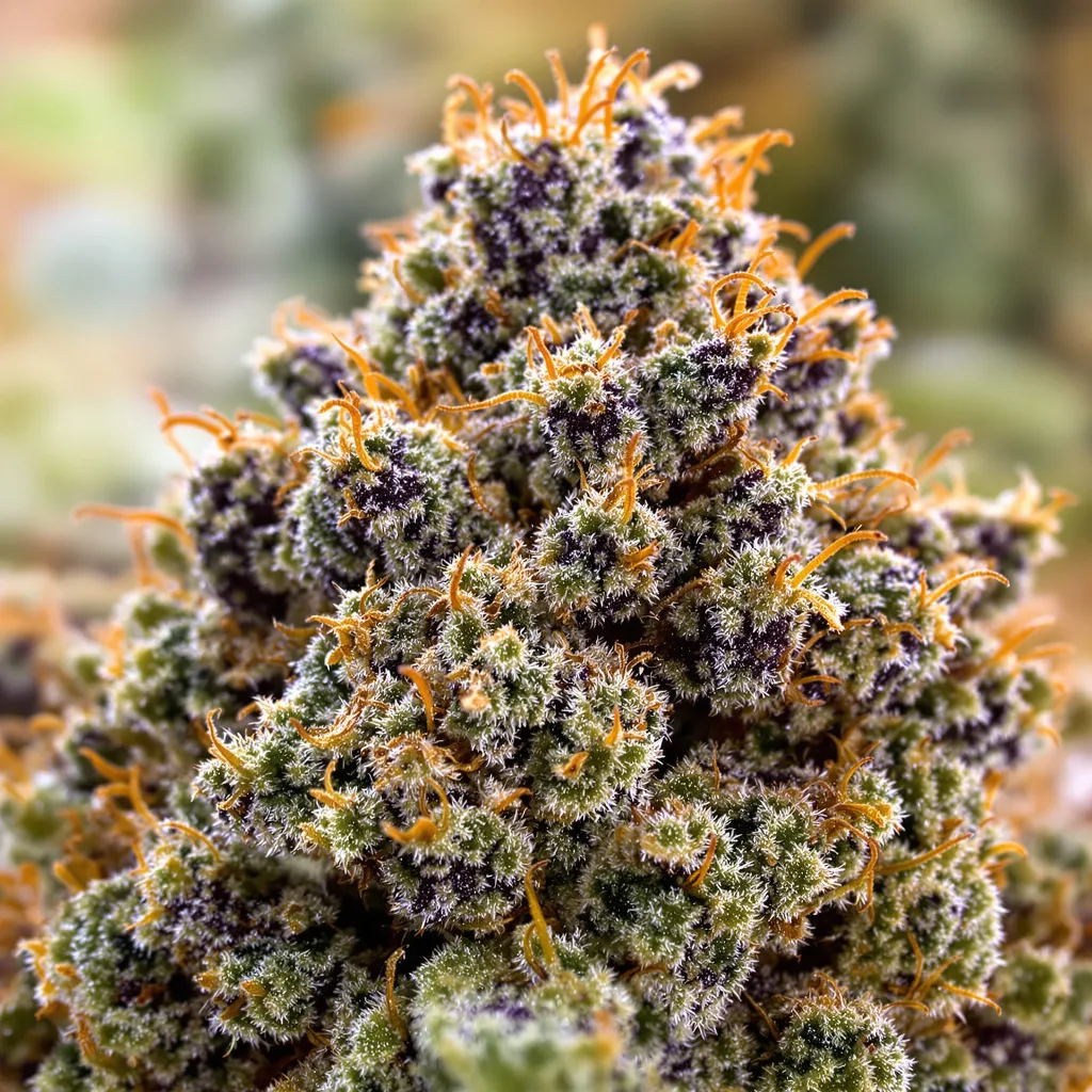 Primer plano de cogollo de cannabis OG LA Affie mostrando cálices densos con tonos morados