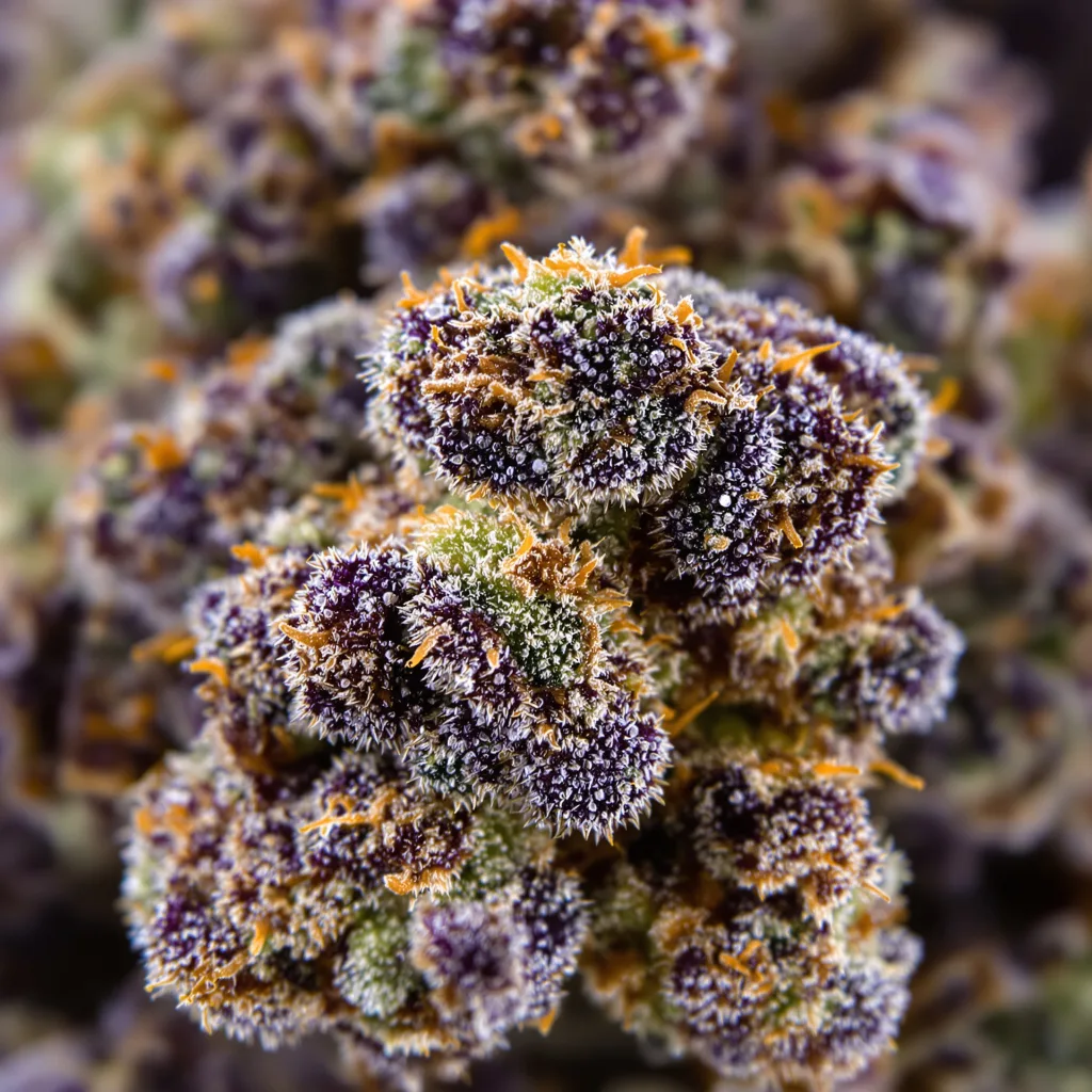 Primer plano de cogollo de cannabis OG Los Angeles Kush mostrando cálices densos con tonos morados