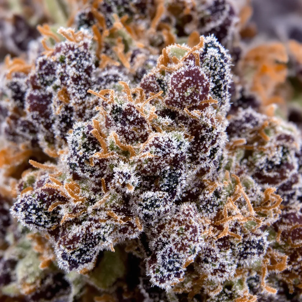 Primer plano de cogollo de cannabis OG's Pearl mostrando cálices densos con tonos morados