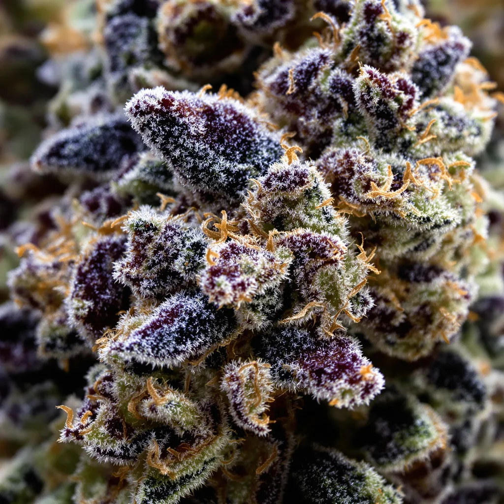 Primer plano de cogollo de cannabis Ogre Berry mostrando cálices densos con tonos morados