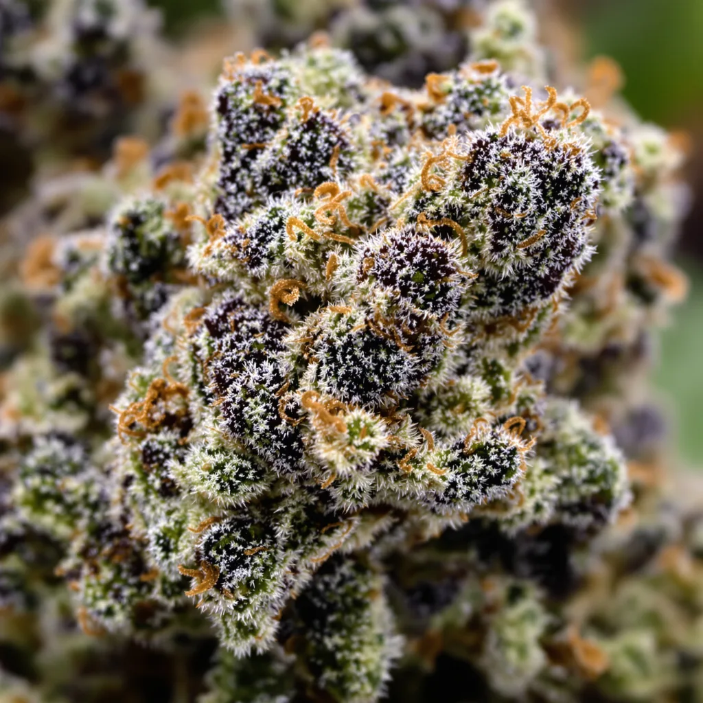 Primer plano de cogollo de cannabis Ogre Berry mostrando cálices densos con tonos morados