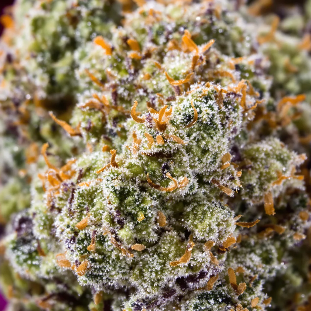 Primer plano de cogollo de cannabis Ogre mostrando cogollos densos verde bosque