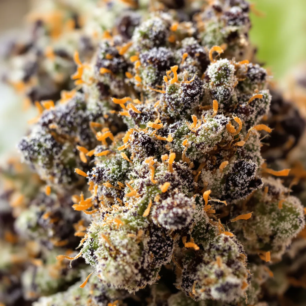 Primer plano de cogollo de cannabis Old School OG mostrando cálices densos con tonos morados