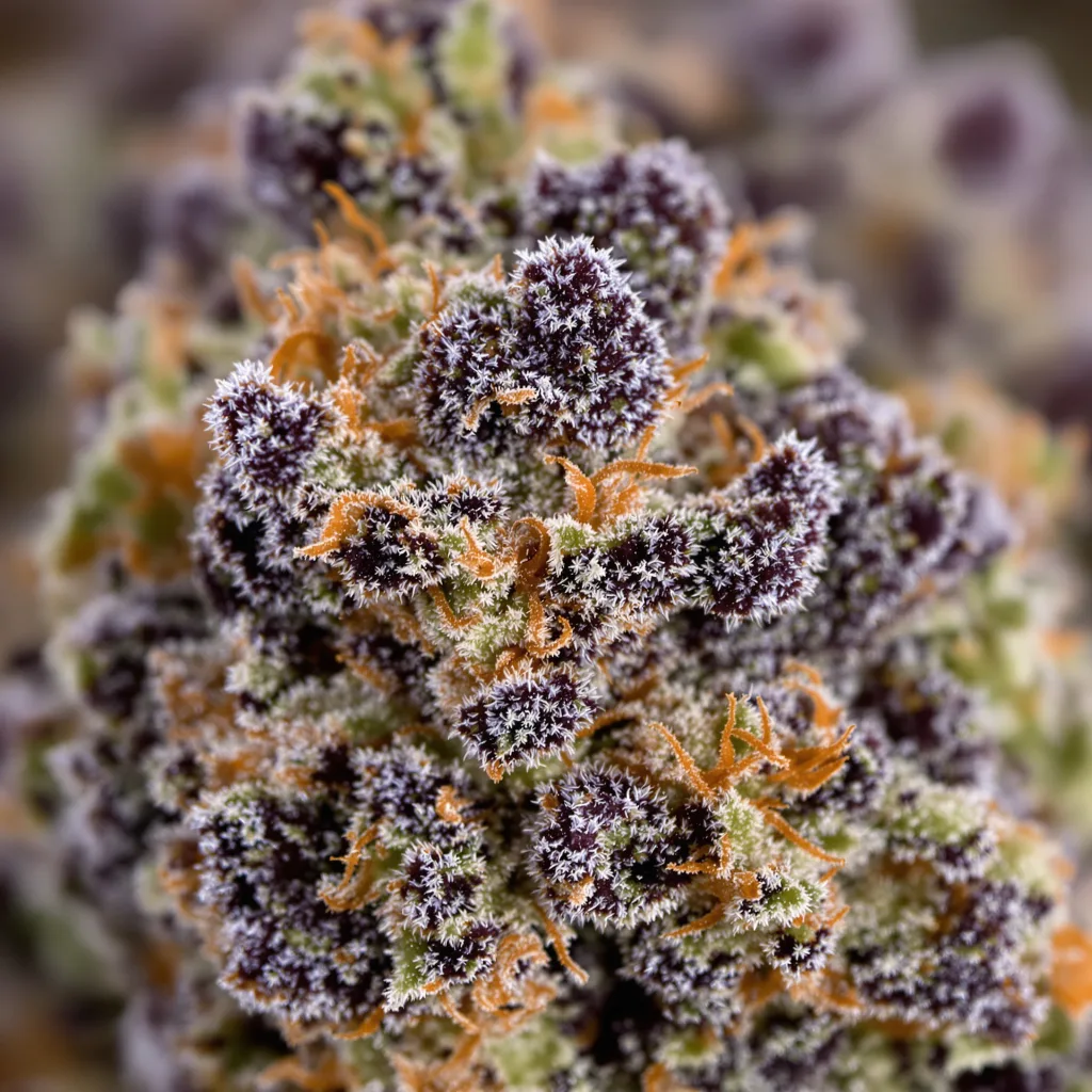 Primer plano de cogollo de cannabis Old School OG mostrando cálices densos con tonos morados