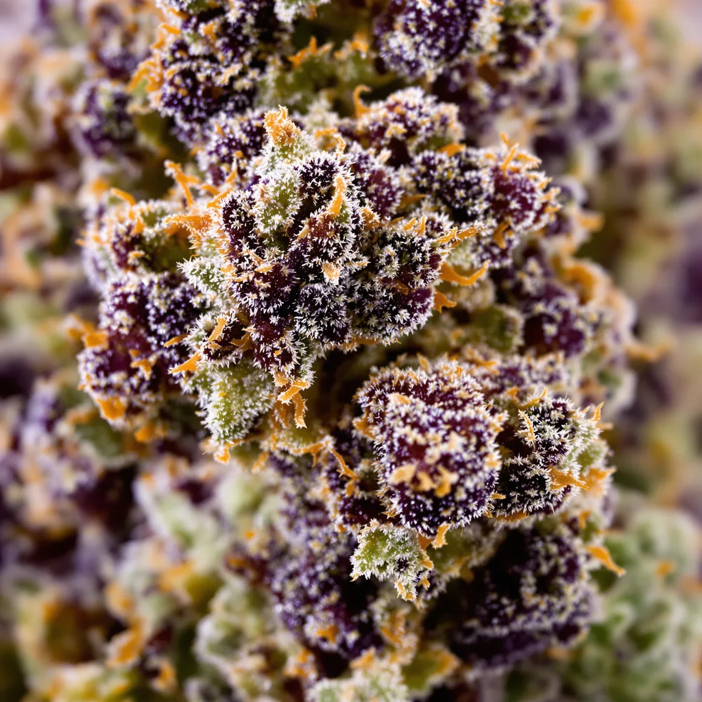 Primer plano de cogollo de cannabis Orange Bud mostrando cálices densos con tonos morados