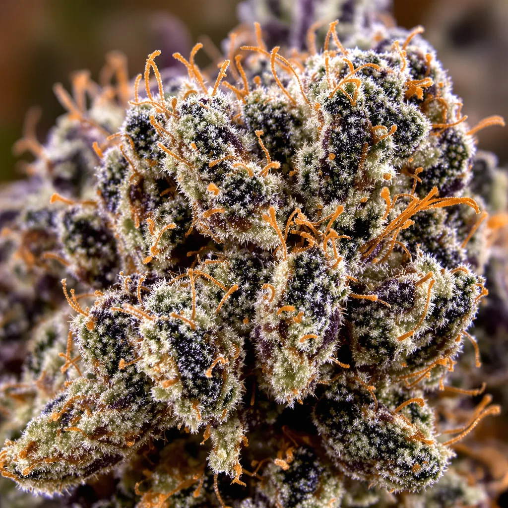 Primer plano de cogollo de cannabis Orange Bud mostrando cálices densos con tonos morados