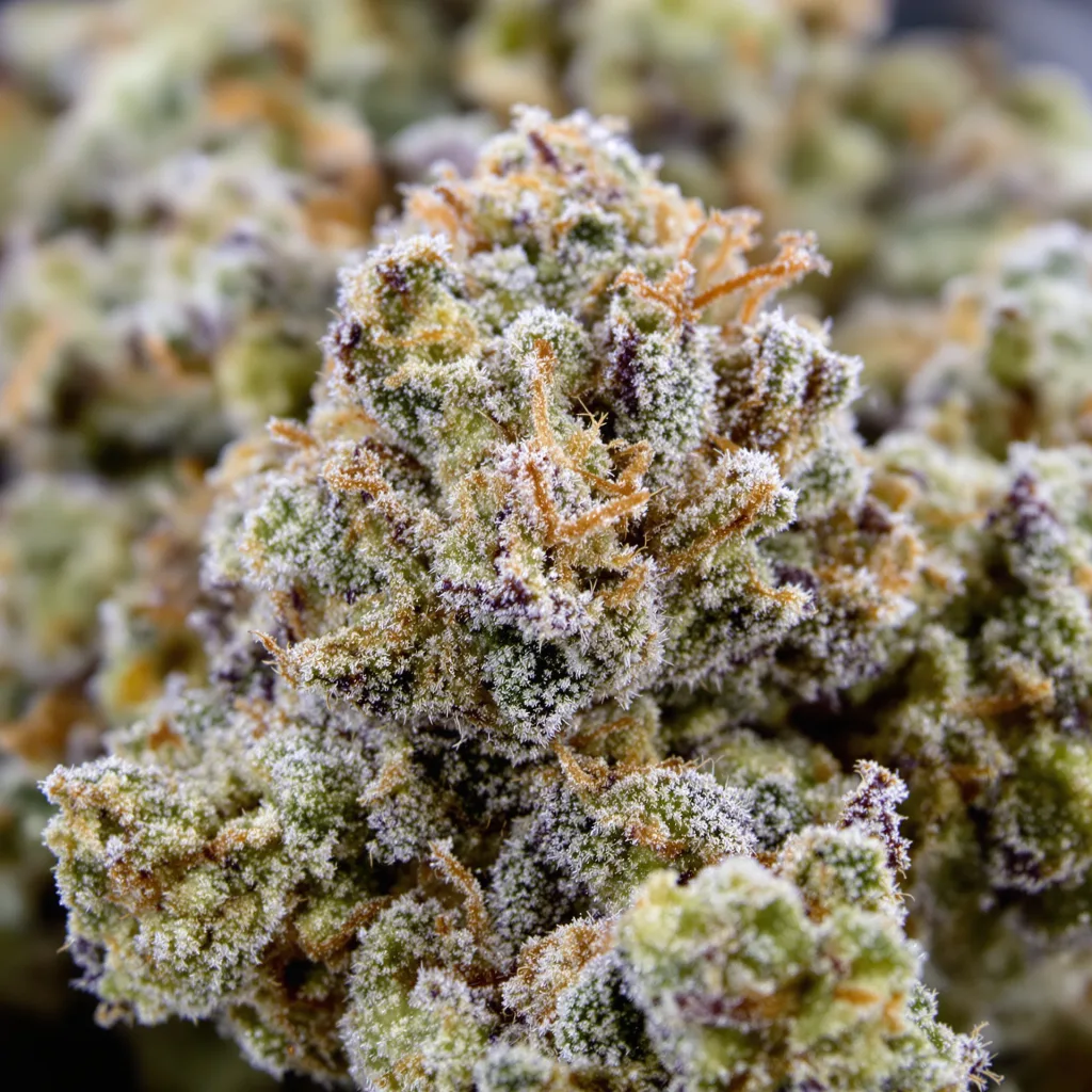 Primer plano de cogollo de cannabis Orange Cookies mostrando cogollos densos verde bosque