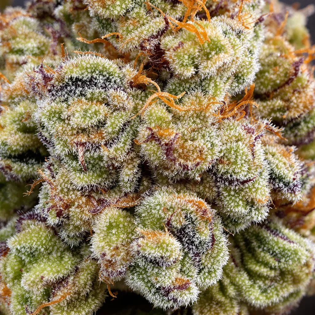 Primer plano de cogollo de cannabis Orange Cream mostrando estructura equilibrada con tricomas escarchados