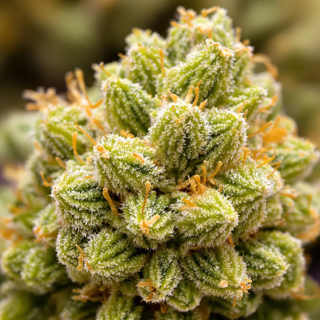 Primer plano de cogollo de cannabis Orange Crush mostrando estructura aireada verde lima