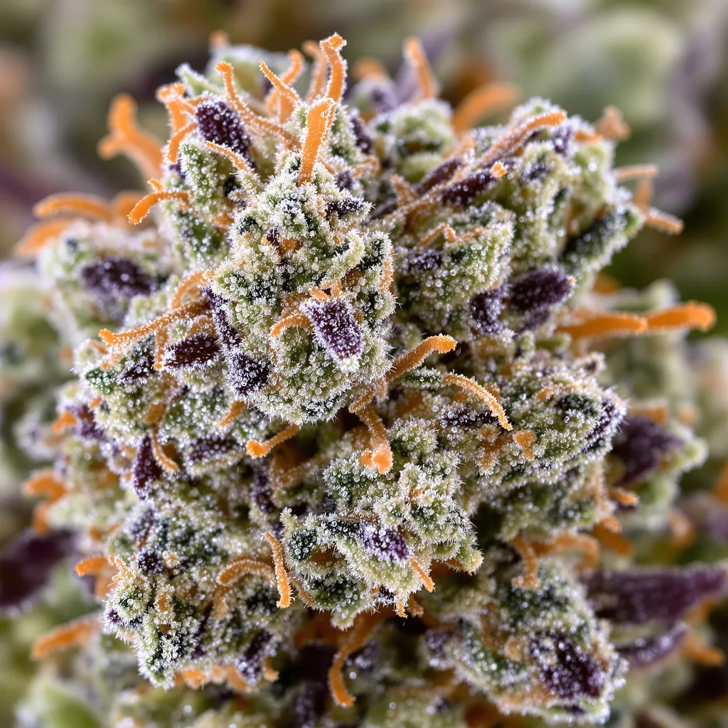 Primer plano de cogollo de cannabis Orange Haze mostrando estructura abierta con pistilos naranjas