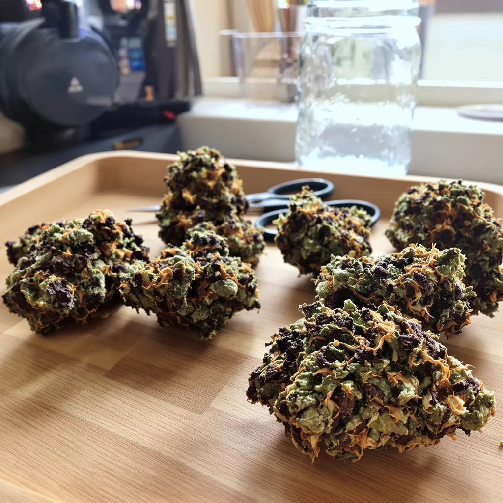 Orange Kush Cake 72% indica / 28% sativa — flor con tricomas visibles