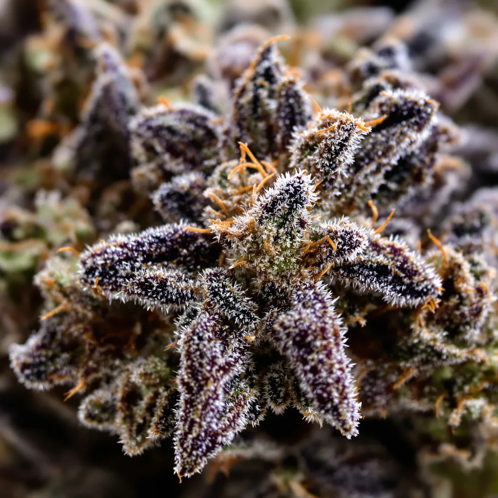 Primer plano de cogollo de cannabis Orange Kush Cake mostrando cálices densos con tonos morados