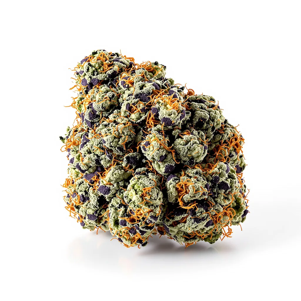 Orange Kush Cake 72% indica / 28% sativa — flor con tricomas visibles