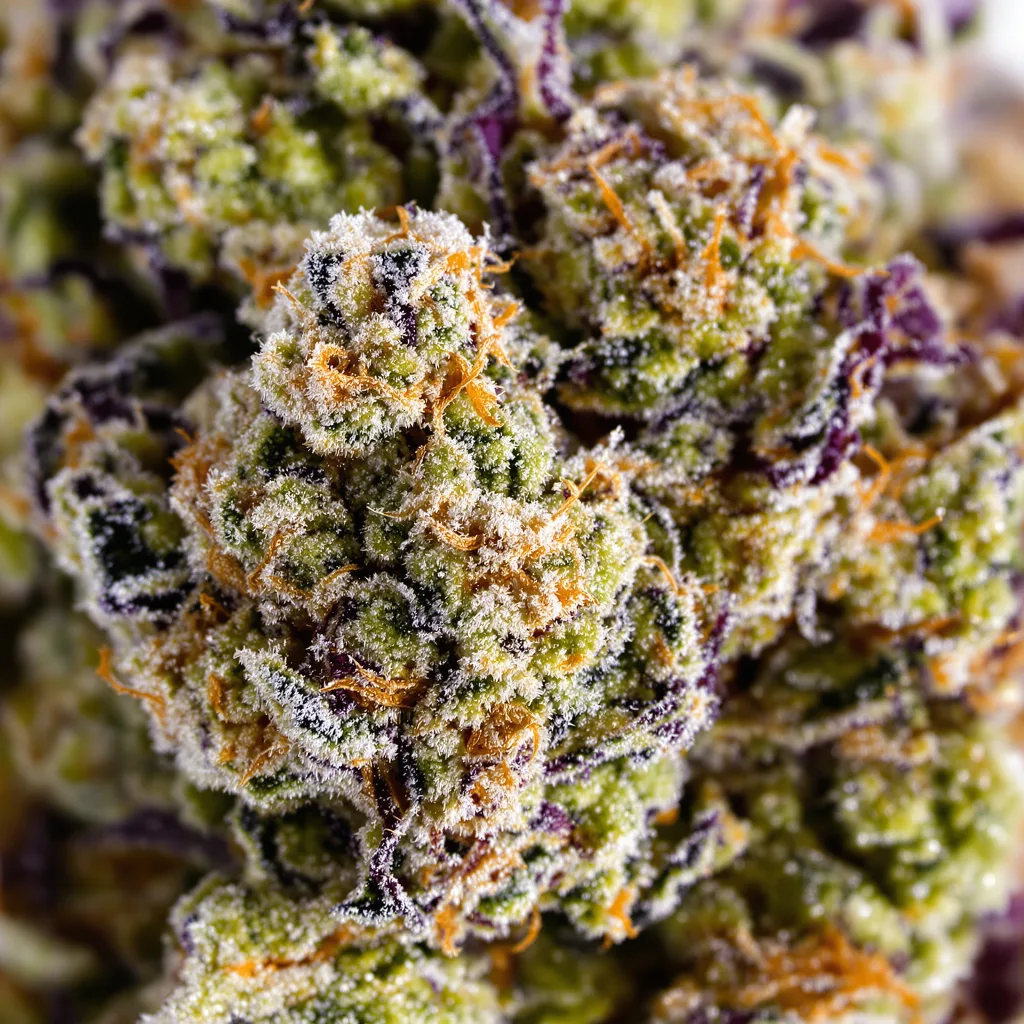 Primer plano de cogollo de cannabis Orange Kush mostrando estructura equilibrada con tricomas escarchados