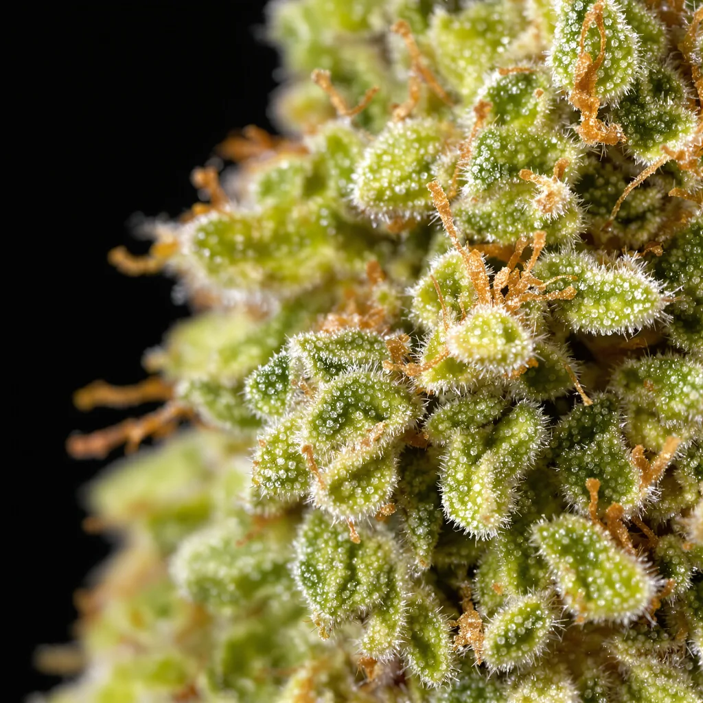 Primer plano de cogollo de cannabis Orange Skunk mostrando estructura aireada verde lima