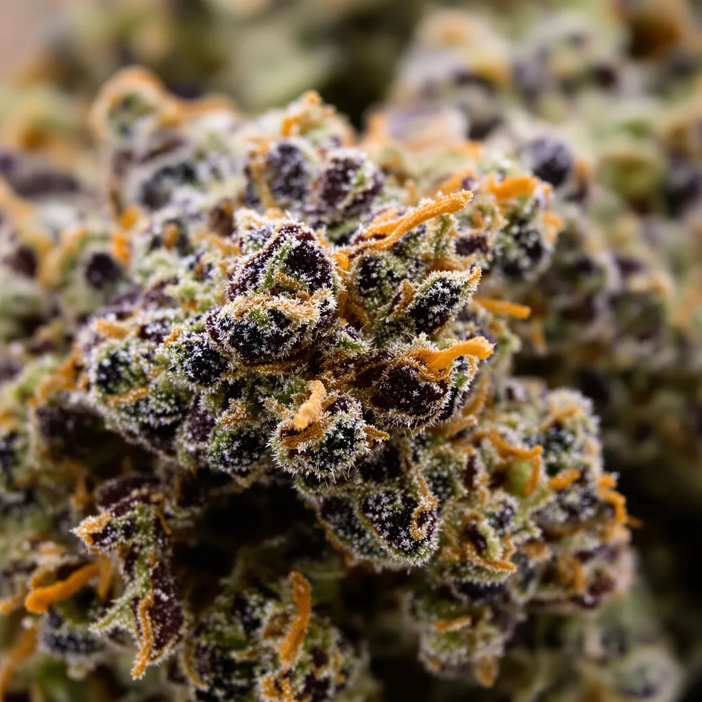 Primer plano de cogollo de cannabis Oregon Diesel mostrando cálices densos con tonos morados