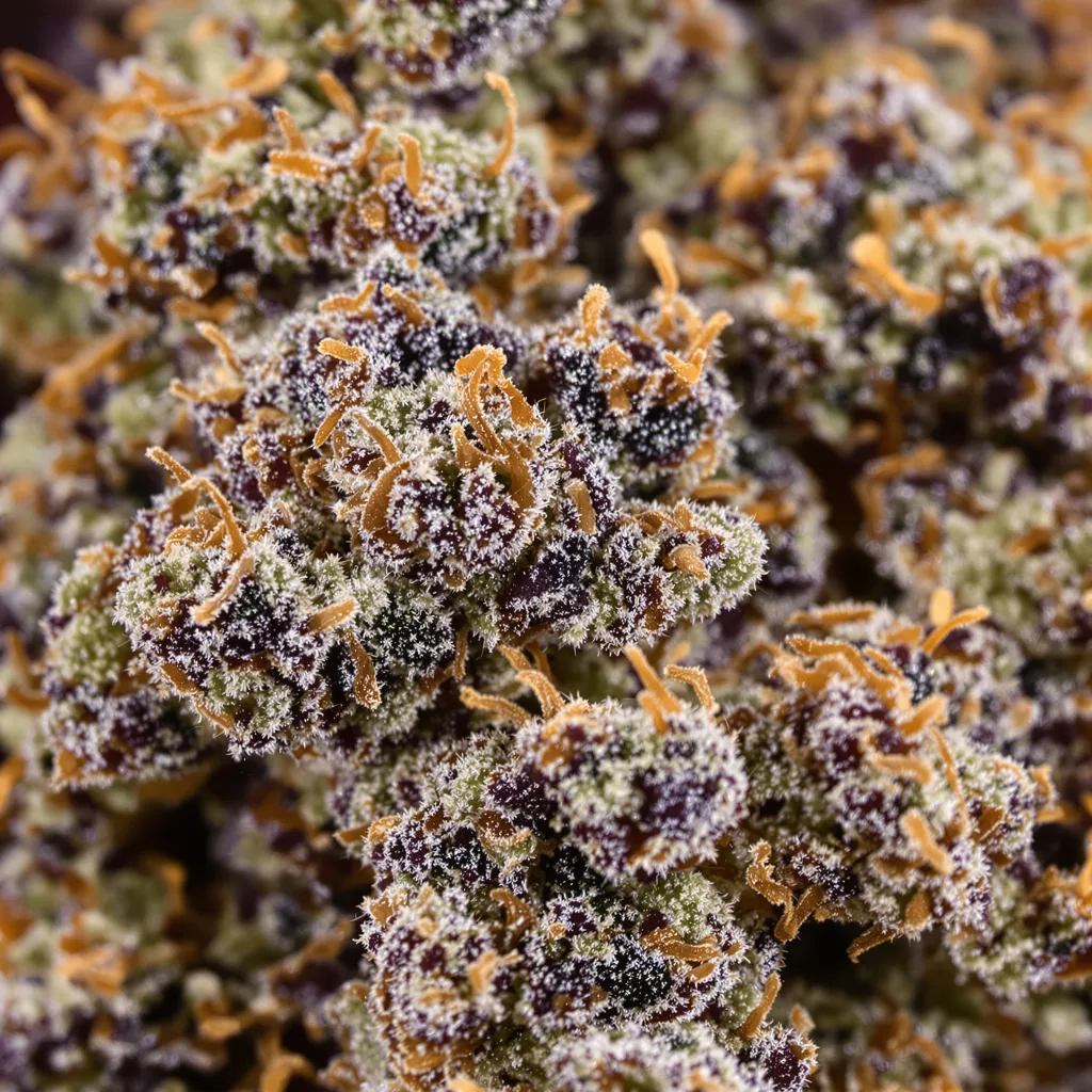 Primer plano de cogollo de cannabis Oregon Peach mostrando cálices densos con tonos morados