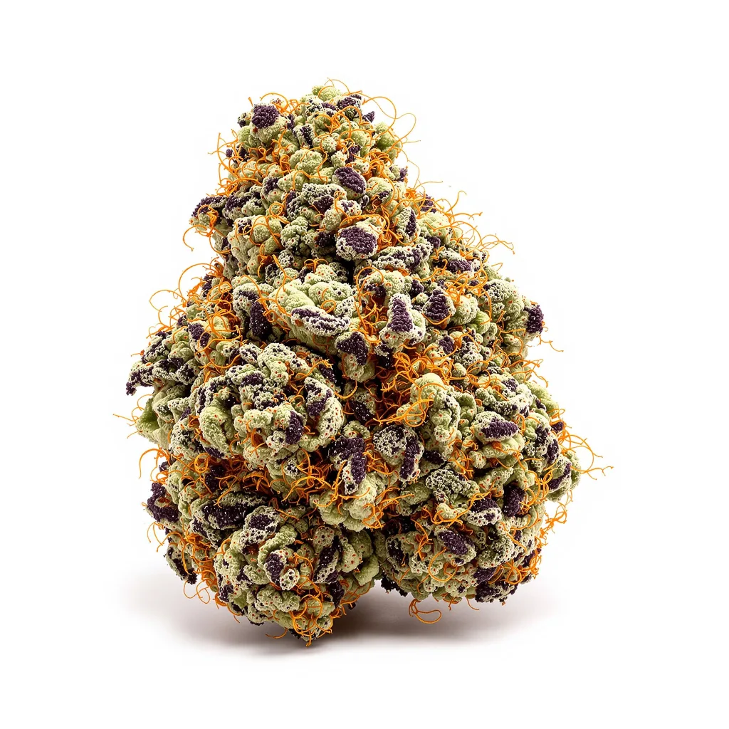 Oregon Peach 83% indica / 17% sativa — flor con tricomas visibles