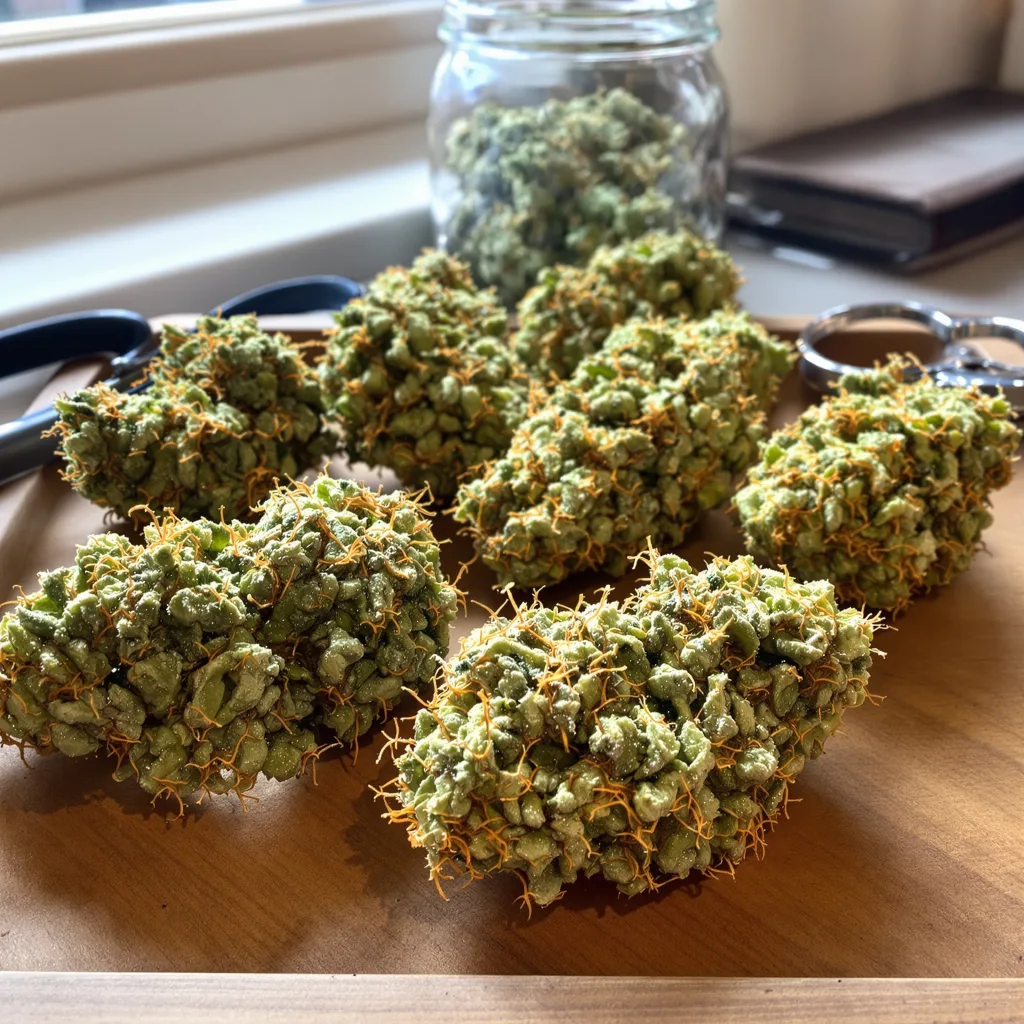 Original Lemon Pie 16% indica / 84% sativa — flor con tricomas visibles