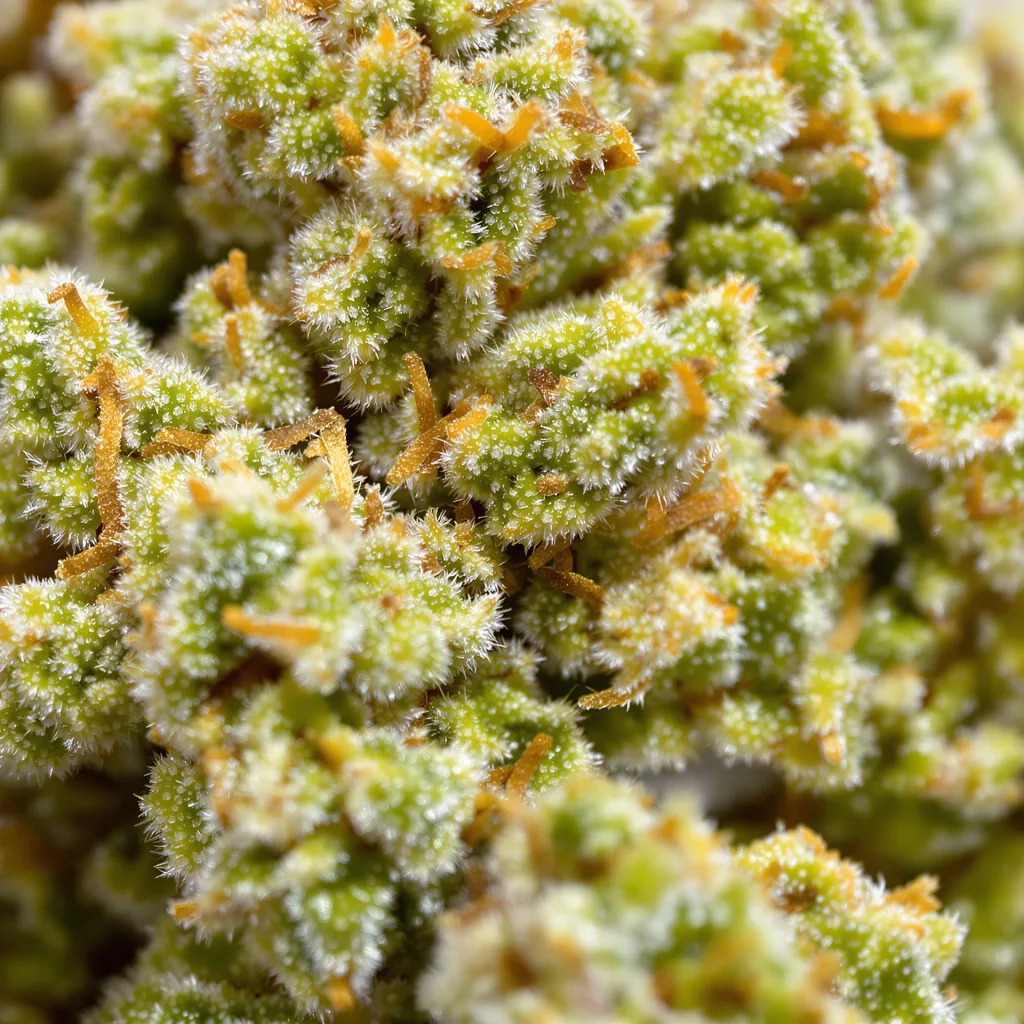 Primer plano de cogollo de cannabis Original Lemon Pie mostrando estructura aireada verde lima