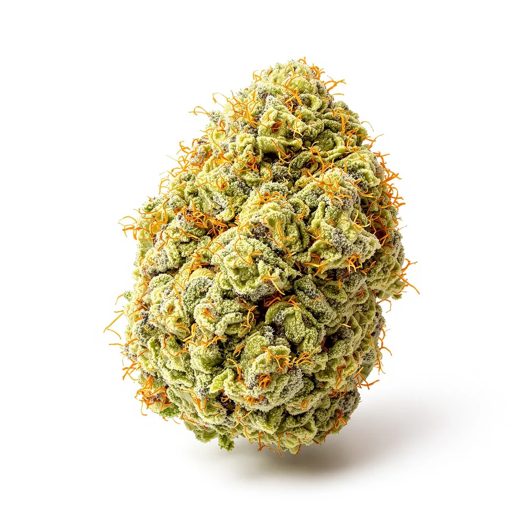 Original Lemon Pie 16% indica / 84% sativa — flor con tricomas visibles