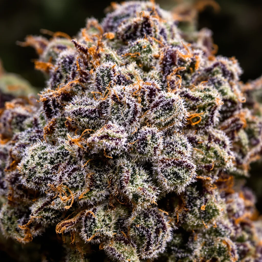 Primer plano de cogollo de cannabis Overlord OG mostrando cálices densos con tonos morados