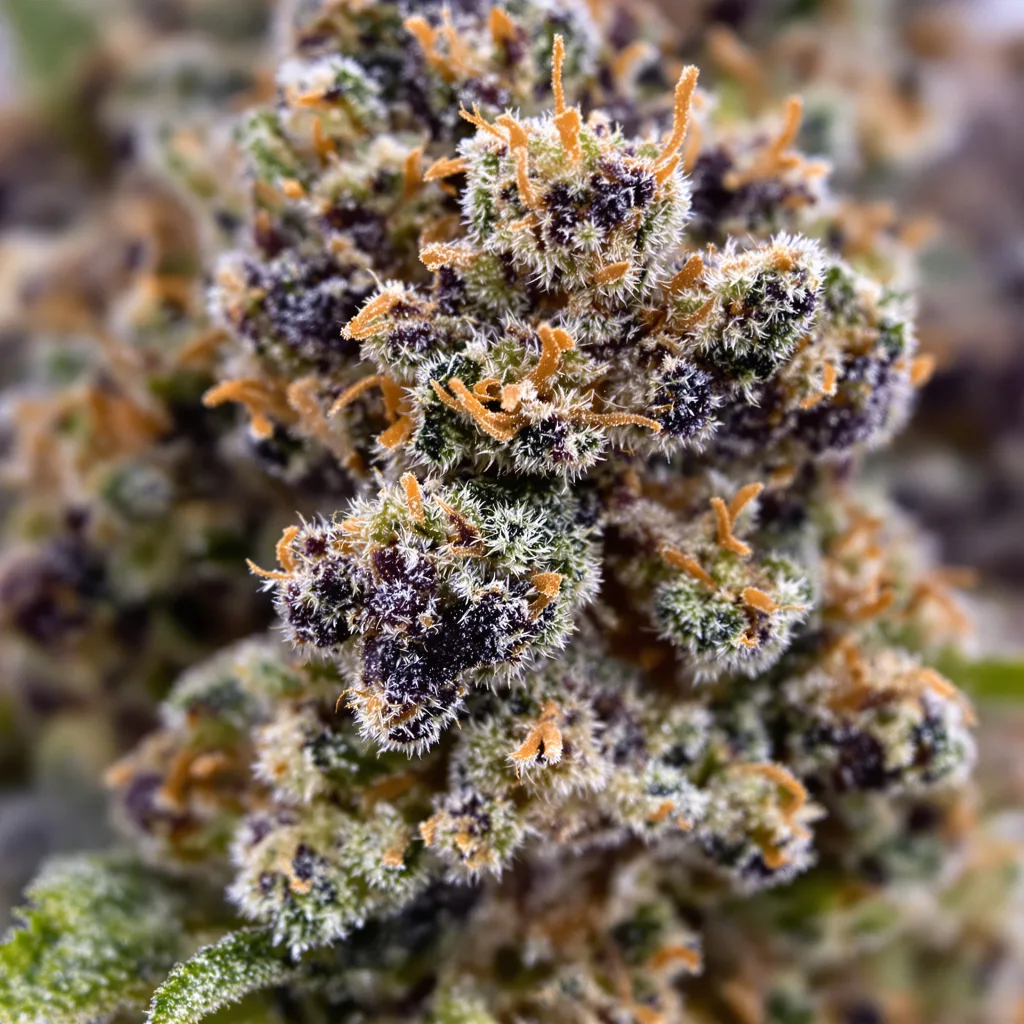 Primer plano de cogollo de cannabis P-51 mostrando cálices densos con tonos morados