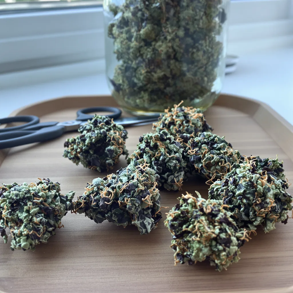 Pacific Blue 78% indica / 22% sativa — flor con tricomas visibles